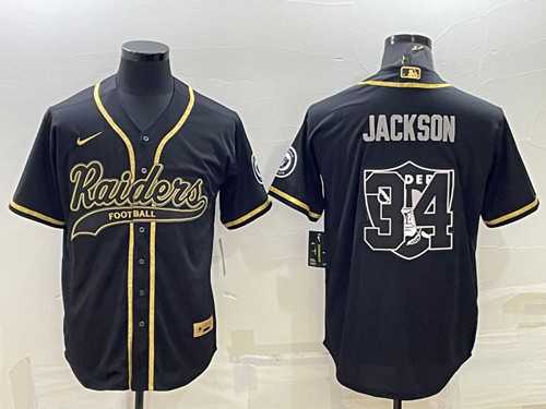 Men's Las Vegas Raiders #34 Bo Jackson Black Gold Team Big Logo With Patch Cool Base Stitched Baseball Jersey,We sell and wholesale Men's Las Vegas Raiders #34 Bo Jackson Black Gold Team Big Logo With Patch Cool Base Stitched Baseball Jersey on line form chian!